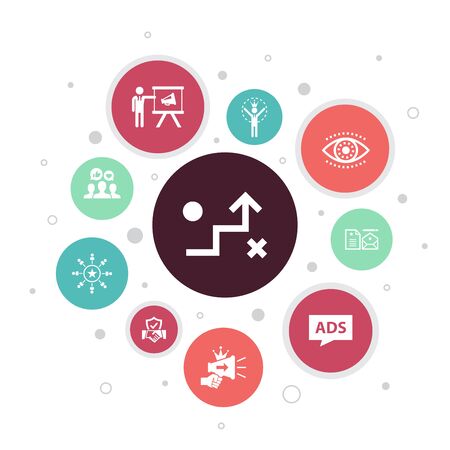 brand promotion Infographic 10 steps bubble design.strategy, marketing, personal brand, advertising simple iconsのイラスト素材