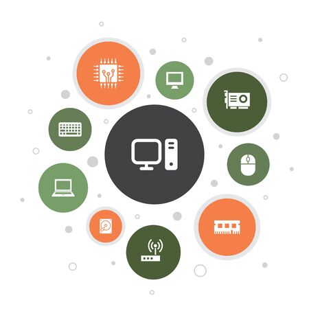 Computer Infographic 10 steps bubble design.CPU, Laptop, Keyboard, hard drive iconsのイラスト素材