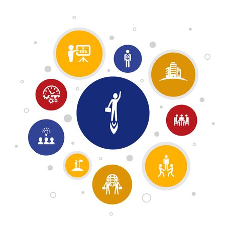 Entrepreneurship Infographic 10 steps pixel design.Investor, Partnership, Leadership, Team building simple iconsのイラスト素材