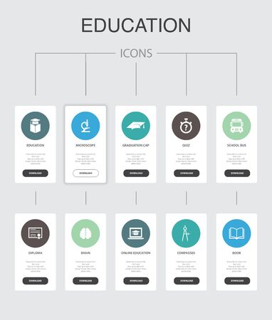education Infographic 10 steps UI design.graduation, microscope, quiz, school bus simple iconsのイラスト素材
