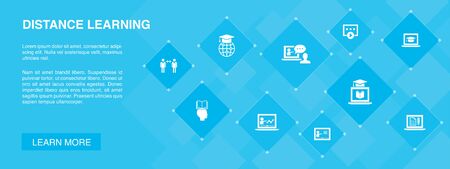 Distance Learning banner 10 icons concept. online education, webinar, learning process, video course iconsのイラスト素材