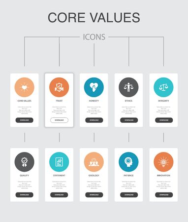 Core values Infographic 10 steps UI design. trust, honesty, ethics, integrity simple iconsのイラスト素材