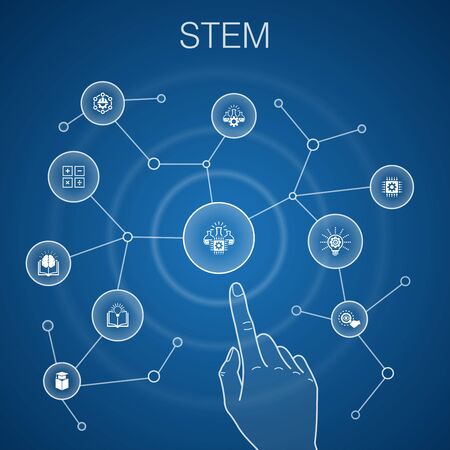 STEM concept, blue background.science, technology, engineering, mathematics iconsのイラスト素材