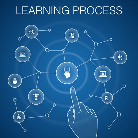 learning process concept, blue background with simple iconsのイラスト素材