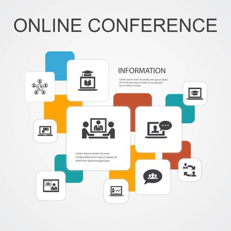 online conference Infographic 10 line icons template.group chat, online learning, webinar, conference call simple iconsのイラスト素材
