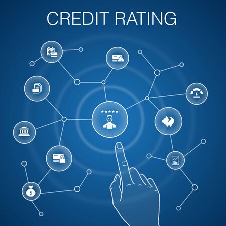 credit rating concept, blue background.Credit risk, Credit score, Bankruptcy, Annual Feeのイラスト素材