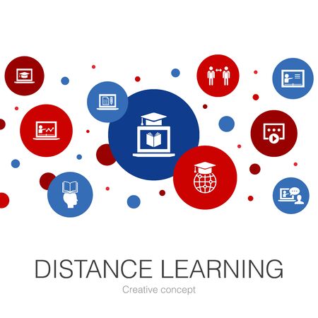 Distance Learning trendy circle template with simple icons. Contains such elements as online education, webinar, learning processのイラスト素材