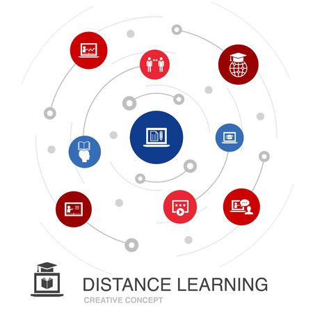 Distance Learning colored circle concept with simple icons. Contains such elements as online education, webinar, learning process, courseのイラスト素材