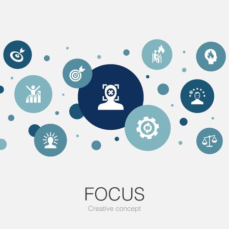 focus trendy circle template with simple icons. Contains such elements as target, motivation, integrityのイラスト素材