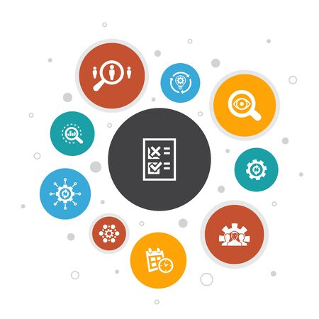 Business process Infographic 10 steps bubble design.implement, analyze, development, Processing iconsのイラスト素材