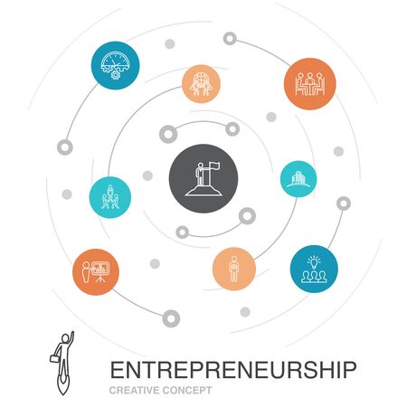 Entrepreneurship colored circle concept with simple icons. Contains such elements as Investor, Partnership, Leadership, Team buildingのイラスト素材