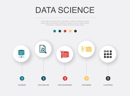 Database, Data Analysis, Data Engineering, data mining, clustering icons Infographic design template. Creative concept with 5 stepsのイラスト素材