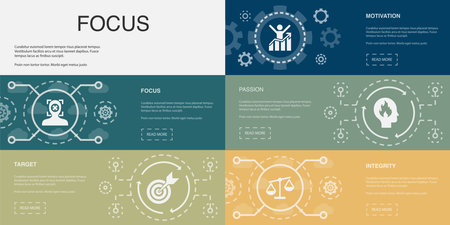 focus, target, motivation, passion, integrity icons Infographic design template. Creative concept with 5 stepsのイラスト素材
