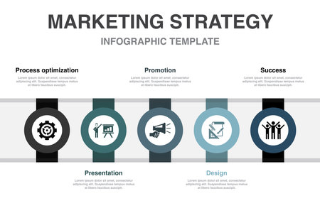 process optimization, presentation, promotion, design, success icons Infographic design template. Creative concept with 5 stepsのイラスト素材