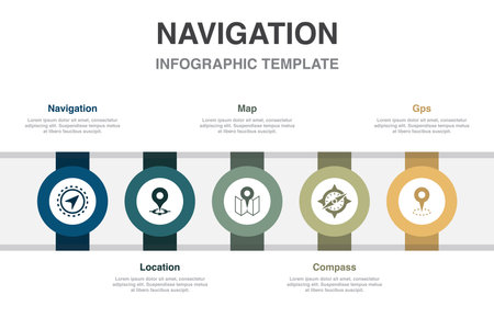 Navigation, location, map, compass, gps icons Infographic design template. Creative concept with 5 stepsのイラスト素材