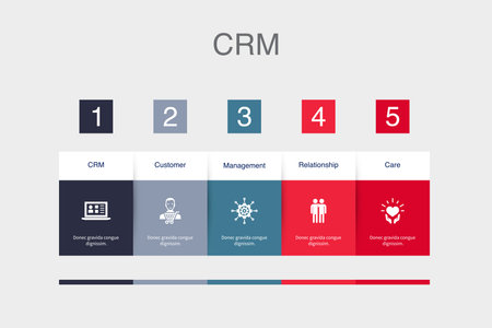 CRM, customer, management, relationship, care icons Infographic design template. Creative concept with 5 stepsのイラスト素材