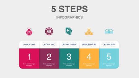 gambling, roulette, poker, casino, money icons Infographic design template. Creative concept with 5 stepsのイラスト素材