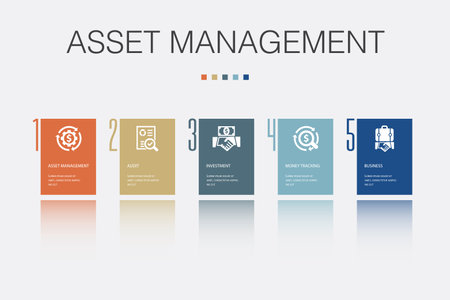 asset management, audit, investment, money tracking, business icons Infographic design template. Creative concept with 5 stepsのイラスト素材