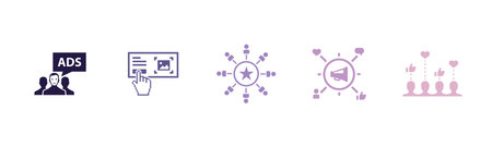 Advertising agency, Ad Banner, Brand awareness, Social media ads, Ad campaign icons Infographic design template. Creative concept with 5 stepsのイラスト素材
