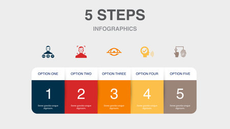Biometrics authentication, facial recognition, eye scanning, voice authentication, fingerprint identification, icons Infographic design layout template. Creative presentation concept with 5 stepsのイラスト素材