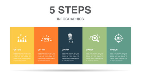 Social campaign, Email marketing, Pay per click, SEO optimization, Target Audience, icons Infographic design layout template. Creative presentation concept with 5 stepsのイラスト素材