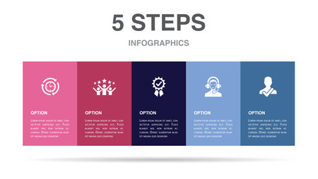efficiency, satisfaction, quality, support, reliability, icons Infographic design layout template. Creative presentation concept with 5 stepsのイラスト素材