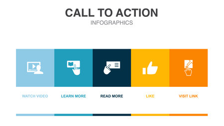 watch video, learn more, read more, like, visit link, icons Infographic design layout template. Creative presentation concept with 5 stepsのイラスト素材