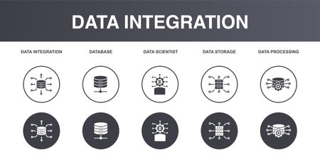 Data integration, database, data scientist, Data Storage, data processing, icons set design template. Creative concept icons set 5 elements layoutのイラスト素材