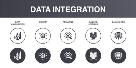 Data Visualization, big data, Analytics, Machine Learning, data center, icons set design template. Creative concept icons set 5 elements layoutのイラスト素材
