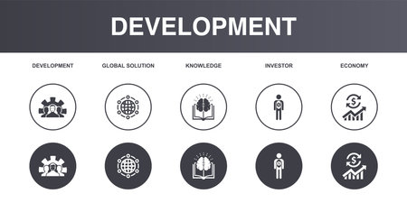 Development, global solution, knowledge, investor, economy, icons set design template. Creative concept icons set 5 elements layoutのイラスト素材