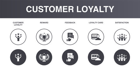 customer loyalty, reward, feedback, loyalty card, satisfaction, icons set design template. Creative concept icons set 5 elements layoutのイラスト素材