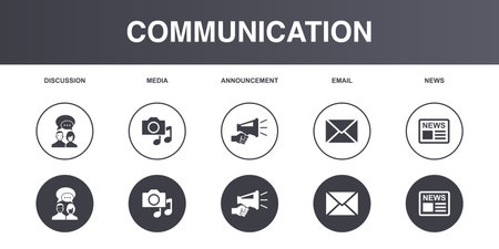discussion, media, announcement, email, news, icons set design template. Creative concept icons set 5 elements layoutのイラスト素材