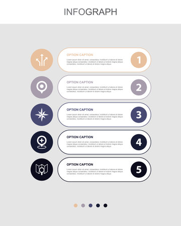direction, destination, wind rose, placement, map search, icons Infographic design layout template. Creative presentation concept with 5 stepsのイラスト素材