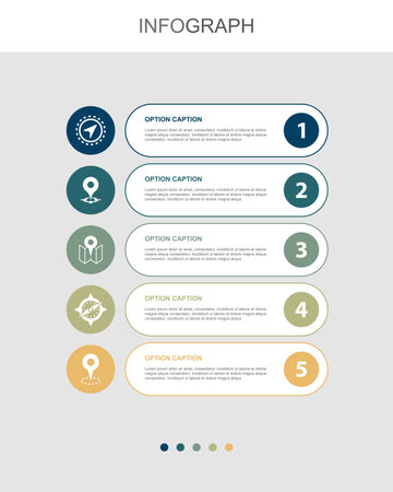 Navigation, location, map, compass, gps, icons Infographic design layout template. Creative presentation concept with 5 stepsのイラスト素材
