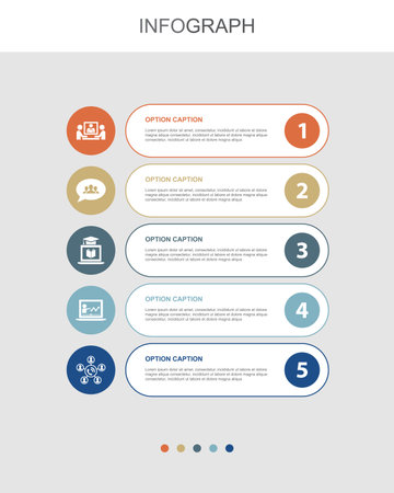 online conference, group chat, online learning, webinar, conference call, icons Infographic design layout template. Creative presentation concept with 5 stepsのイラスト素材
