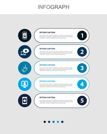 mobile security, Adware, mobile phishing, spyware, mobile virus, icons Infographic design layout template. Creative presentation concept with 5 stepsのイラスト素材
