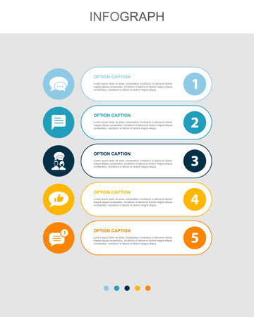 message app, comment, conversation, social media, notification, icons Infographic design layout template. Creative presentation concept with 5 stepsのイラスト素材
