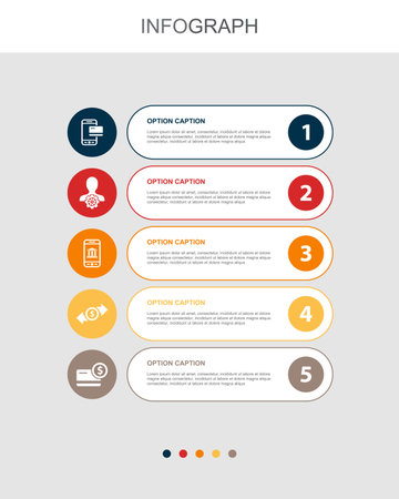 Mobile banking, account, banking app, money transfer, account balance, icons Infographic design layout template. Creative presentation concept with 5 stepsのイラスト素材