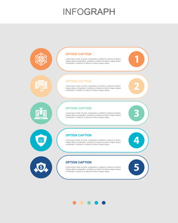 global network, backup system, DDOS, data protection, secure transaction, icons Infographic design layout template. Creative presentation concept with 5 stepsのイラスト素材