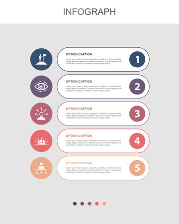 Leadership, vision, responsibility, motivation, decision, icons Infographic design layout template. Creative presentation concept with 5 stepsのイラスト素材