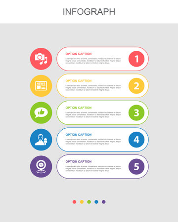 media, news, social media, reporter, positioning, icons Infographic design layout template. Creative presentation concept with 5 stepsのイラスト素材