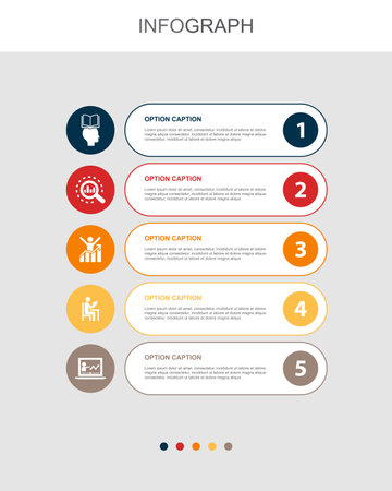 learning process, research, motivation, study, webinar, icons Infographic design layout template. Creative presentation concept with 5 stepsのイラスト素材