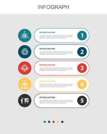 control, project management, time management, organization, presentation, icons Infographic design layout template. Creative presentation concept with 5 stepsのイラスト素材