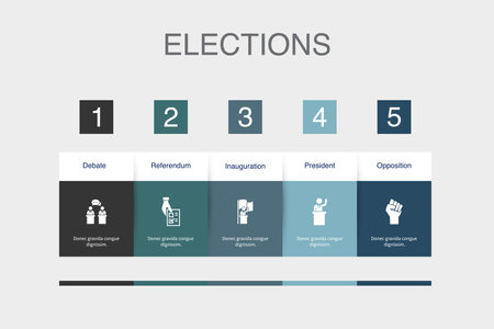 debate, Referendum, Inauguration, president, Opposition, icons Infographic design layout template. Creative presentation concept with 5 stepsのイラスト素材