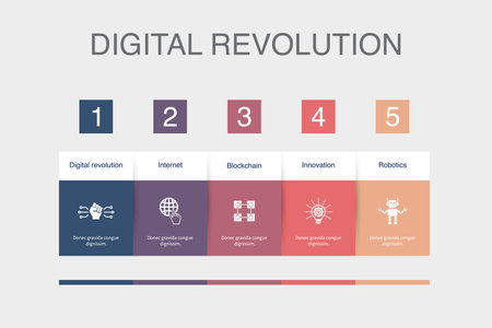 digital revolution, internet, blockchain, innovation, Robotics, icons Infographic design layout template. Creative presentation concept with 5 stepsのイラスト素材
