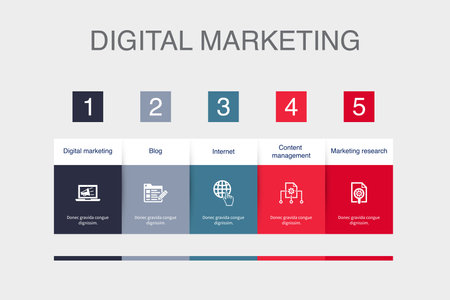 Digital marketing, blog, internet, Content management, Marketing research, icons Infographic design layout template. Creative presentation concept with 5 stepsのイラスト素材