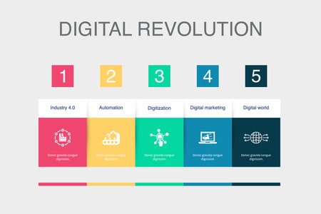 industry 4.0, automation, digitization, digital marketing, digital world, icons Infographic design layout template. Creative presentation concept with 5 stepsのイラスト素材