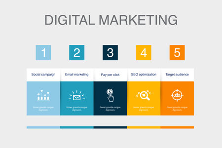Social campaign, Email marketing, Pay per click, SEO optimization, Target Audience, icons Infographic design layout template. Creative presentation concept with 5 stepsのイラスト素材