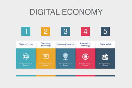 Digital economy, computing technology, worldwide network, information technology, digital wallet, icons Infographic design layout template. Creative presentation concept with 5 stepsのイラスト素材