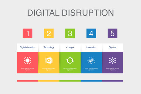 digital disruption, technology, change, innovation, big data, icons Infographic design layout template. Creative presentation concept with 5 stepsのイラスト素材